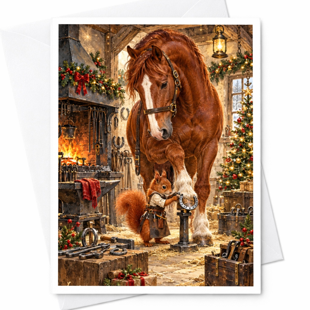 Horse And Squirrel Christmas Card Festive Animal Greeting Card Holiday Card For Animal Lover Cute Winter Scene C10426