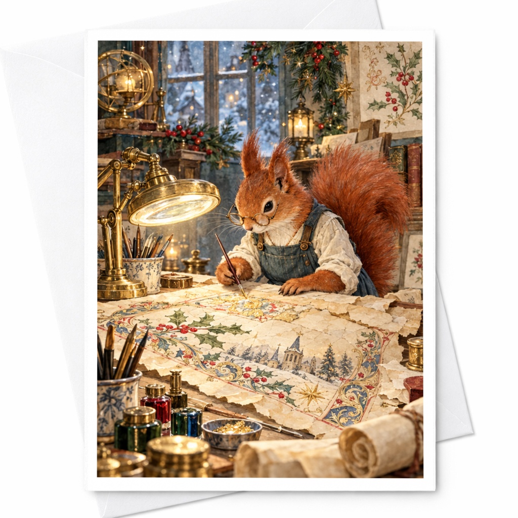 Squirrel Painting Holiday Scene Christmas Card Cute Animal Art Greeting Card For Nature Lover Winter Wonderland Theme C10429