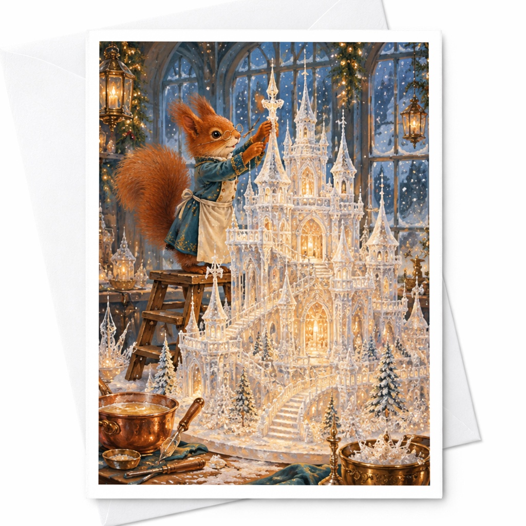 Squirrel Decorating Castle Christmas Card Whimsical Animal Greeting Card Winter Wonderland Holiday Card For Animal Lover C10431
