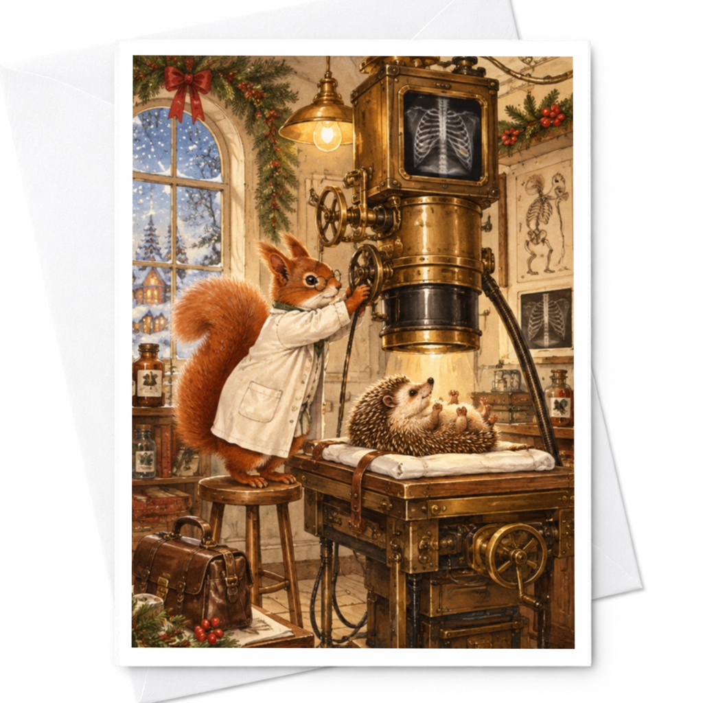 Squirrel And Hedgehog Vintage Medical Scene Blank Greeting Card Cute Animal Illustration Everyday Card For Animal Lover C10432