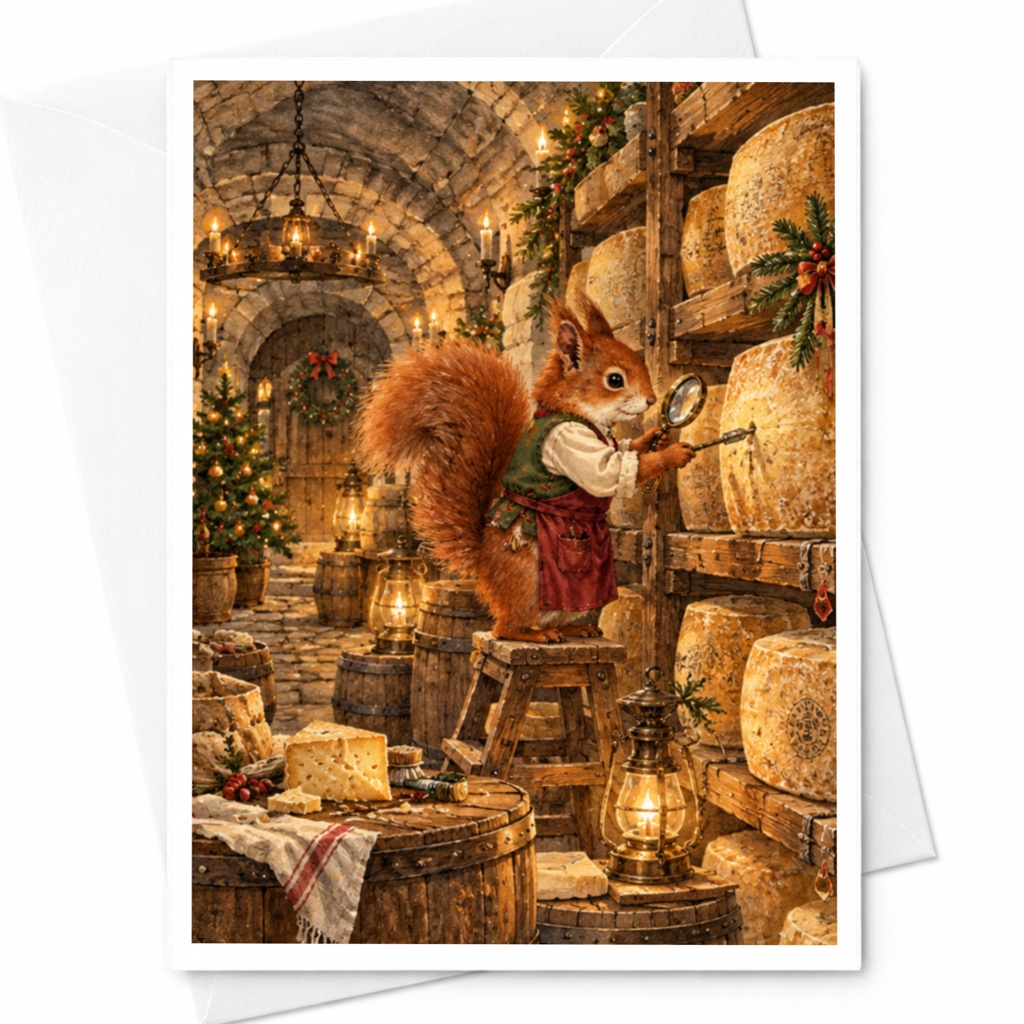 Squirrel Inspecting Cheese Christmas Card Cute Animal Holiday Greeting Card Woodland Theme For Nature Lover Festive Card C10434