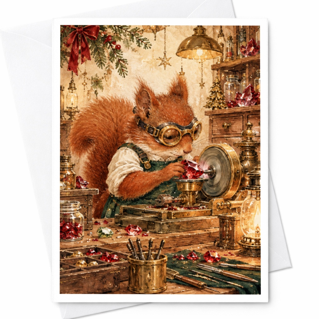 Squirrel Crafting Gems Card Cute Animal Art Blank Greeting Card Woodland Creature Illustration For Nature Lover C10436
