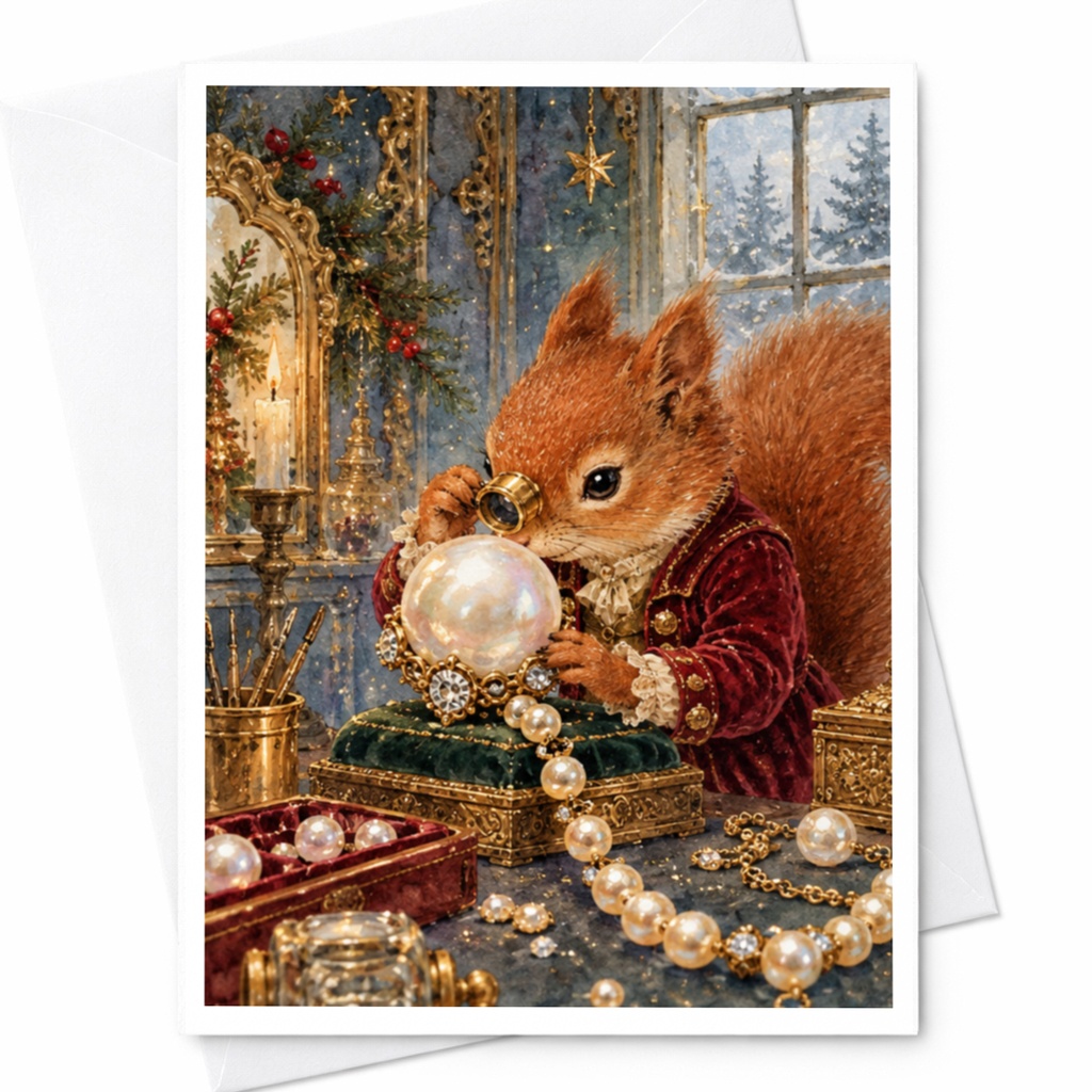 Squirrel With Pearls Blank Greeting Card Cute Animal Art Card For Nature Lover Whimsical Everyday Card Woodland Creature C10437