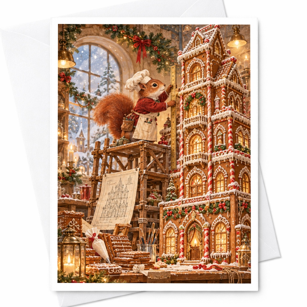 Squirrel Gingerbread House Christmas Card Cute Holiday Greeting Card For Animal Lover Festive Winter Scene Adorable C10438