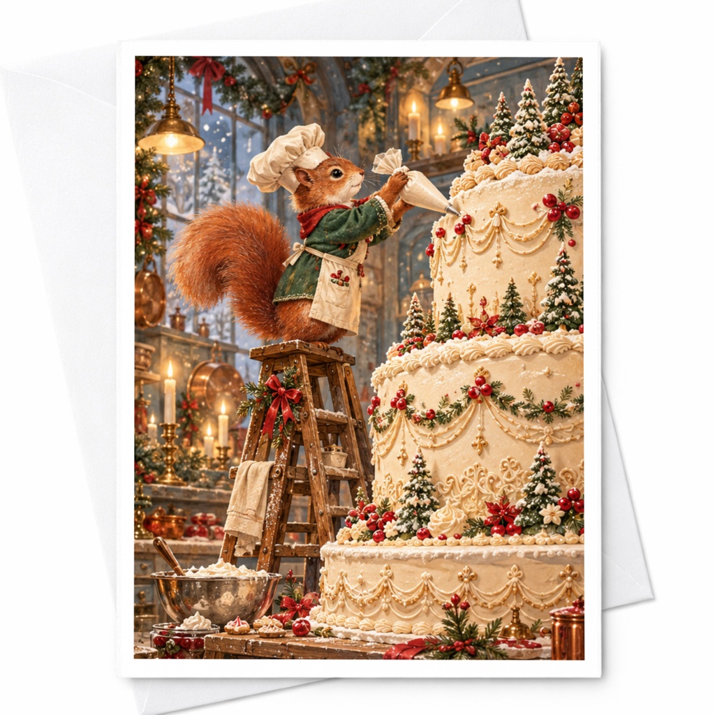 Squirrel Decorating Cake Christmas Card Cute Animal Holiday Greeting Card Festive Winter Scene For Animal Lover C10439