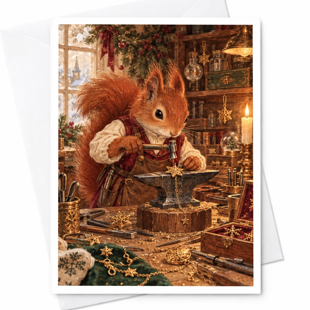Squirrel Crafting Christmas Card Cute Animal Holiday Greeting Card Woodland Theme For Nature Lover Festive Winter Scene C10440