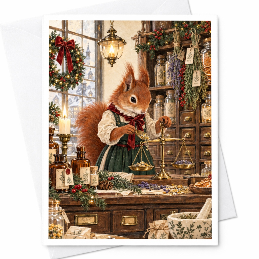 Squirrel Apothecary Christmas Card Festive Animal Greeting Card Woodland Holiday Card Cute Winter Scene For Nature Lover C10442
