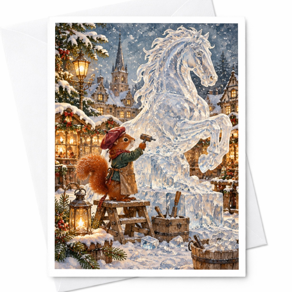Squirrel Carving Ice Horse Christmas Card Winter Wonderland Greeting Card Cute Animal Holiday Card For Nature Lover C10444