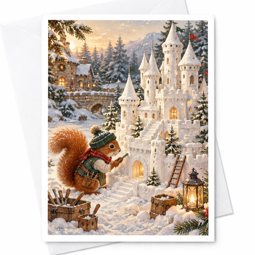 Squirrel With Snow Castle Christmas Card Cute Winter Scene Holiday Greeting Card For Animal Lover Festive Woodland Card C10445