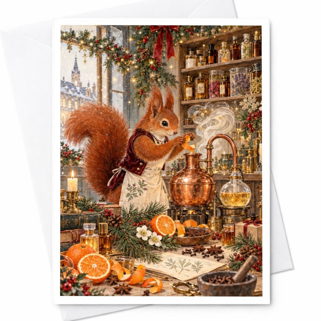Squirrel With Oranges Christmas Card Cute Animal Holiday Greeting Card Woodland Theme Festive Winter Scene For Nature Lover C10446