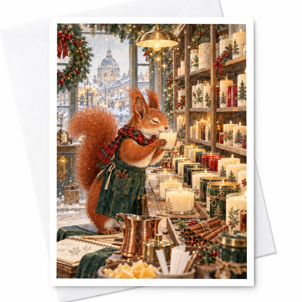 Squirrel With Candles Christmas Card Cute Animal Holiday Greeting Card Winter Scene For Nature Lover Festive Card C10447