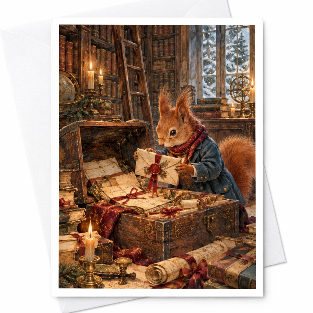 Squirrel With Letter Blank Greeting Card Cozy Library Scene Animal Lover Card Woodland Illustration Cute Everyday Card C10457
