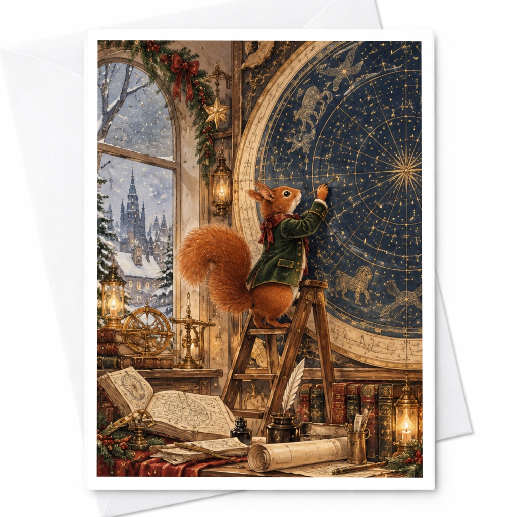 Squirrel With Star Map Blank Greeting Card Winter Scene For Nature Lover Cute Animal Art Christmas Card Woodland Illustration C10459