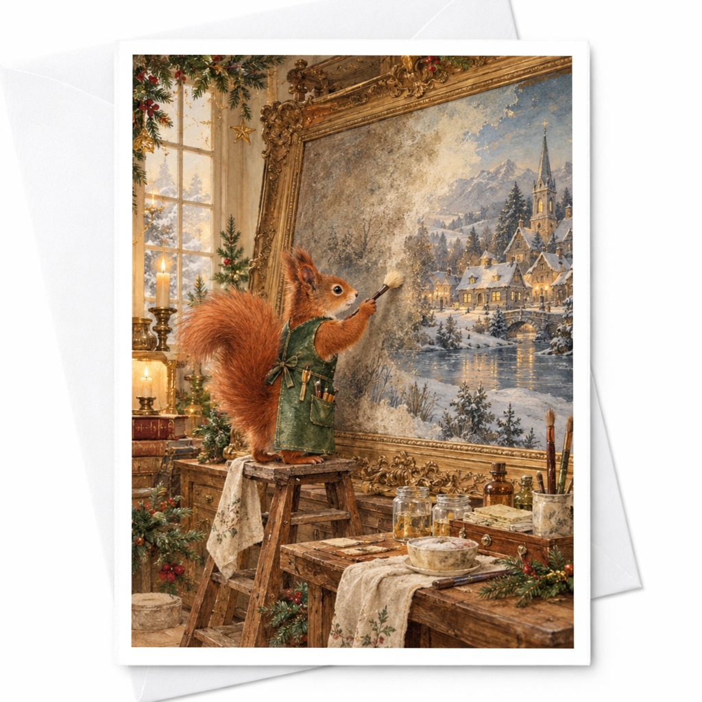 Squirrel Painting Winter Scene Christmas Card Cute Animal Holiday Greeting Card Woodland Art For Nature Lover C10466