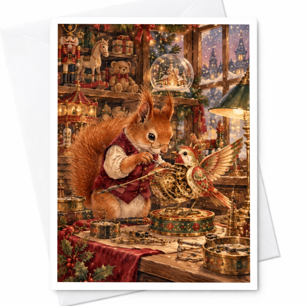 Squirrel Crafting Christmas Card Festive Animal Greeting Card Holiday Card For Nature Lover Cute Woodland Scene C10470