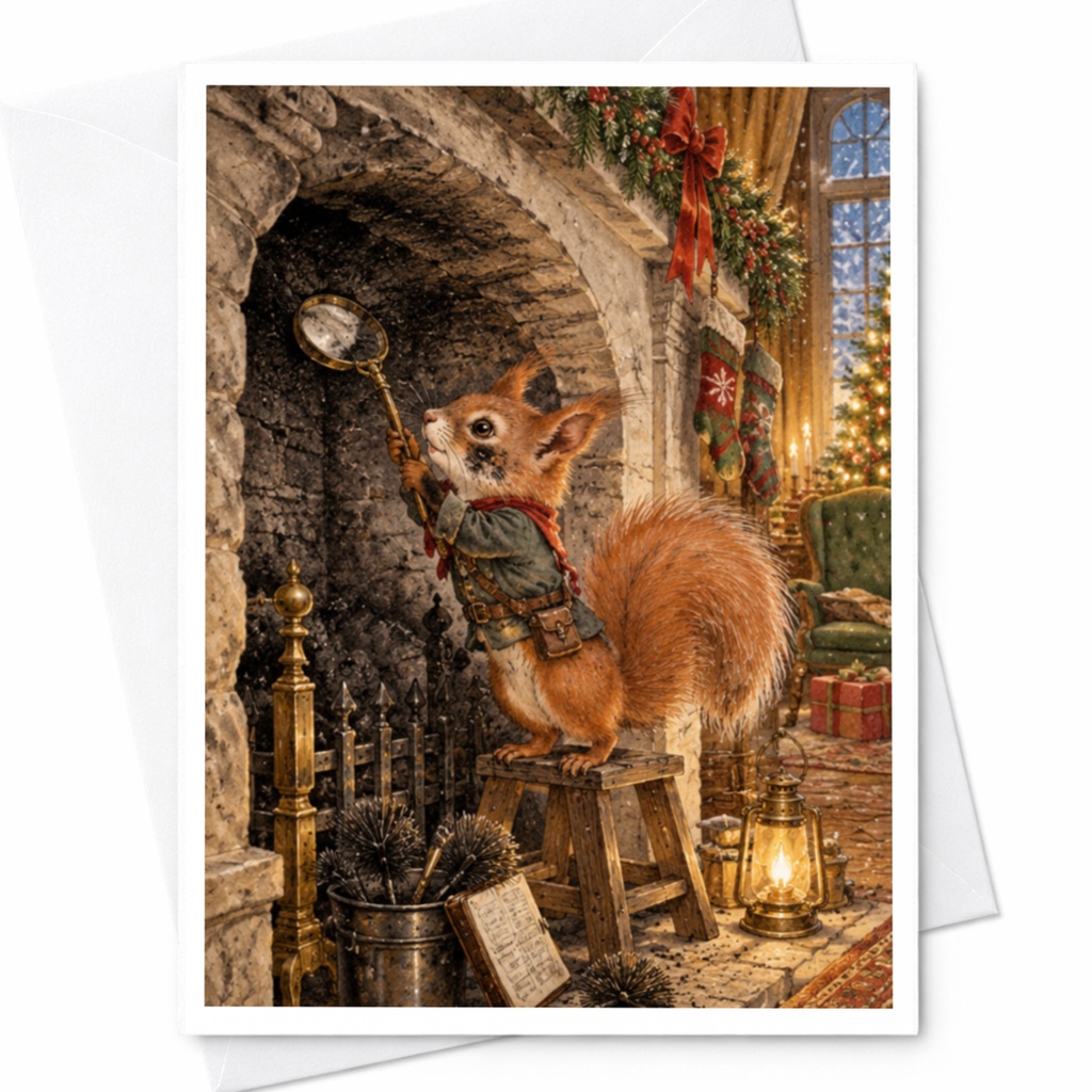 Squirrel By Fireplace Christmas Card Cute Animal Holiday Greeting Card Woodland Creature Festive Scene For Nature Lover C10473