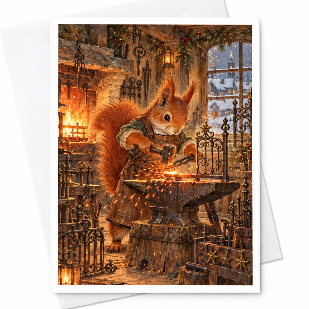 Squirrel Blacksmith Card Cute Animal Art Blank Greeting Card Woodland Creature Card For Nature Lover Whimsical Everyday Card C10483