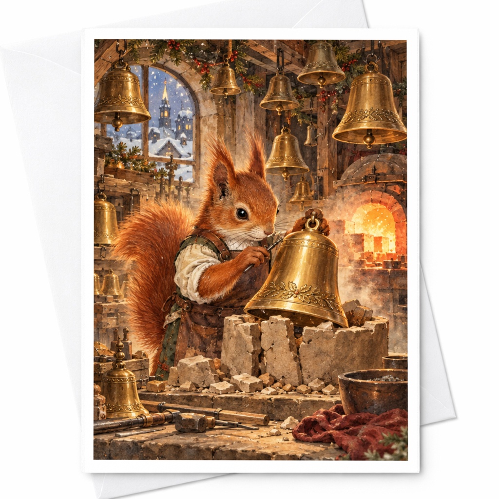 Squirrel With Bells Christmas Card Cute Animal Holiday Greeting Card Woodland Theme For Nature Lover Festive Winter Scene C10484