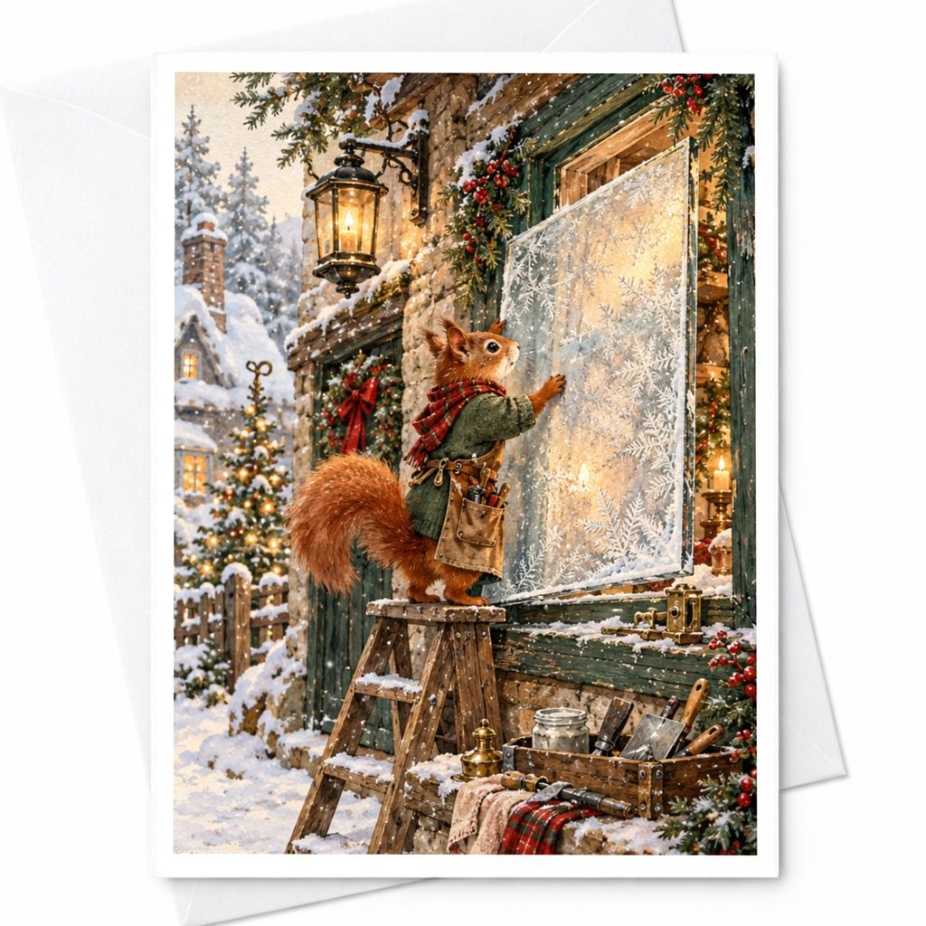 Squirrel Decorating Window Christmas Card Cute Animal Holiday Greeting Card Winter Scene For Nature Lover Festive Card C10485