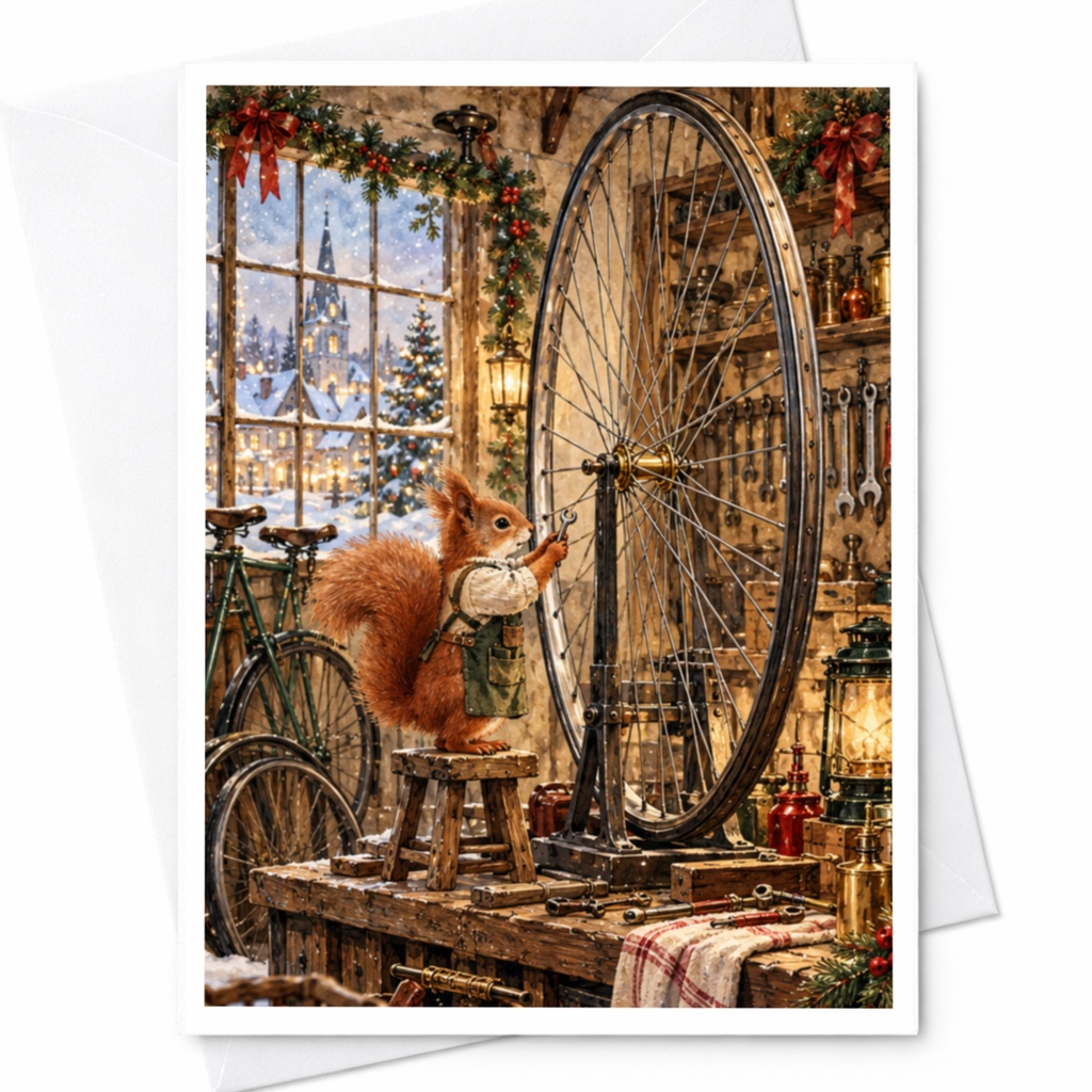 Squirrel Fixing Bicycle Wheel Christmas Card Cute Animal Holiday Greeting Card For Nature Lover Winter Scene Festive Card C10487