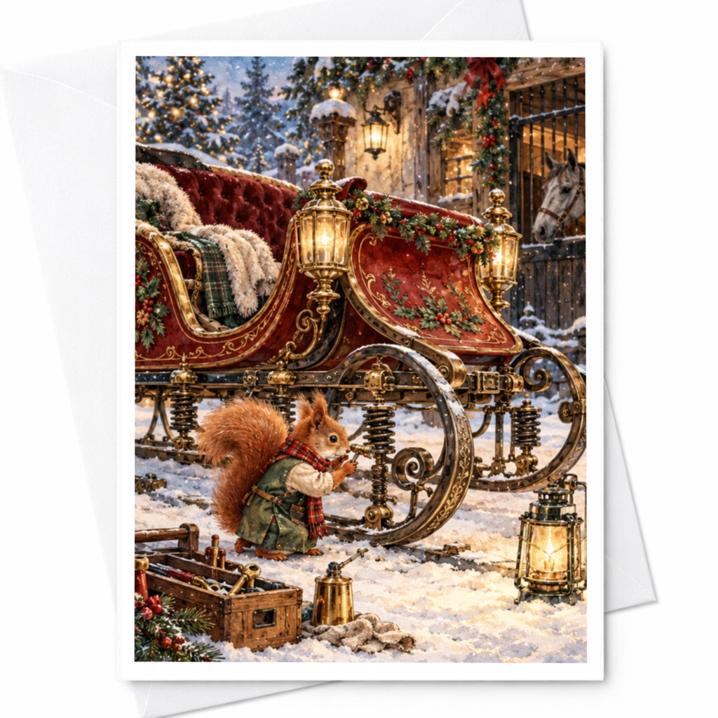 Squirrel With Sleigh Christmas Card Winter Scene Holiday Greeting Card Cute Animal Illustration Festive Card For Nature Lovers C10488