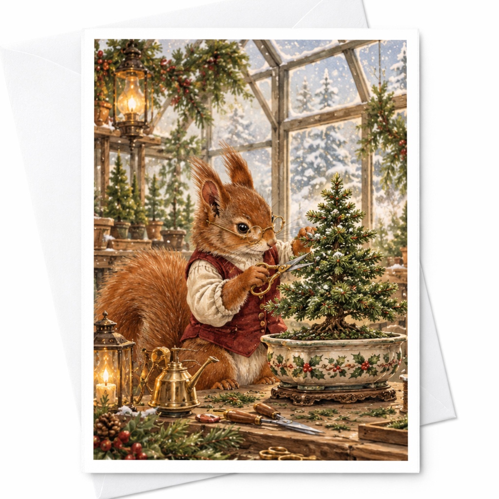 Squirrel Trimming Christmas Tree Card Cute Animal Holiday Greeting Card Woodland Winter Scene For Nature Lover C10490