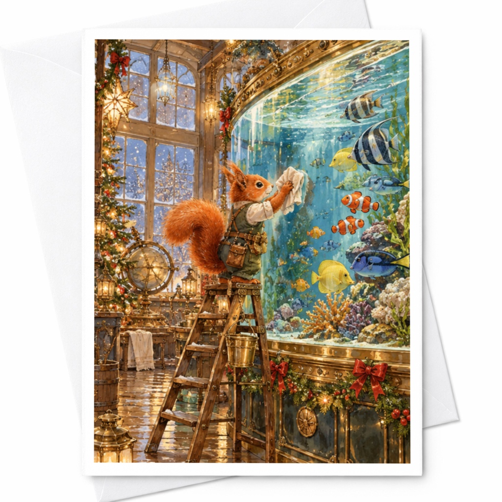 Squirrel Cleaning Aquarium Card Cute Animal Greeting Card Blank Note Card For Nature Lover Whimsical Art Everyday Card C10491