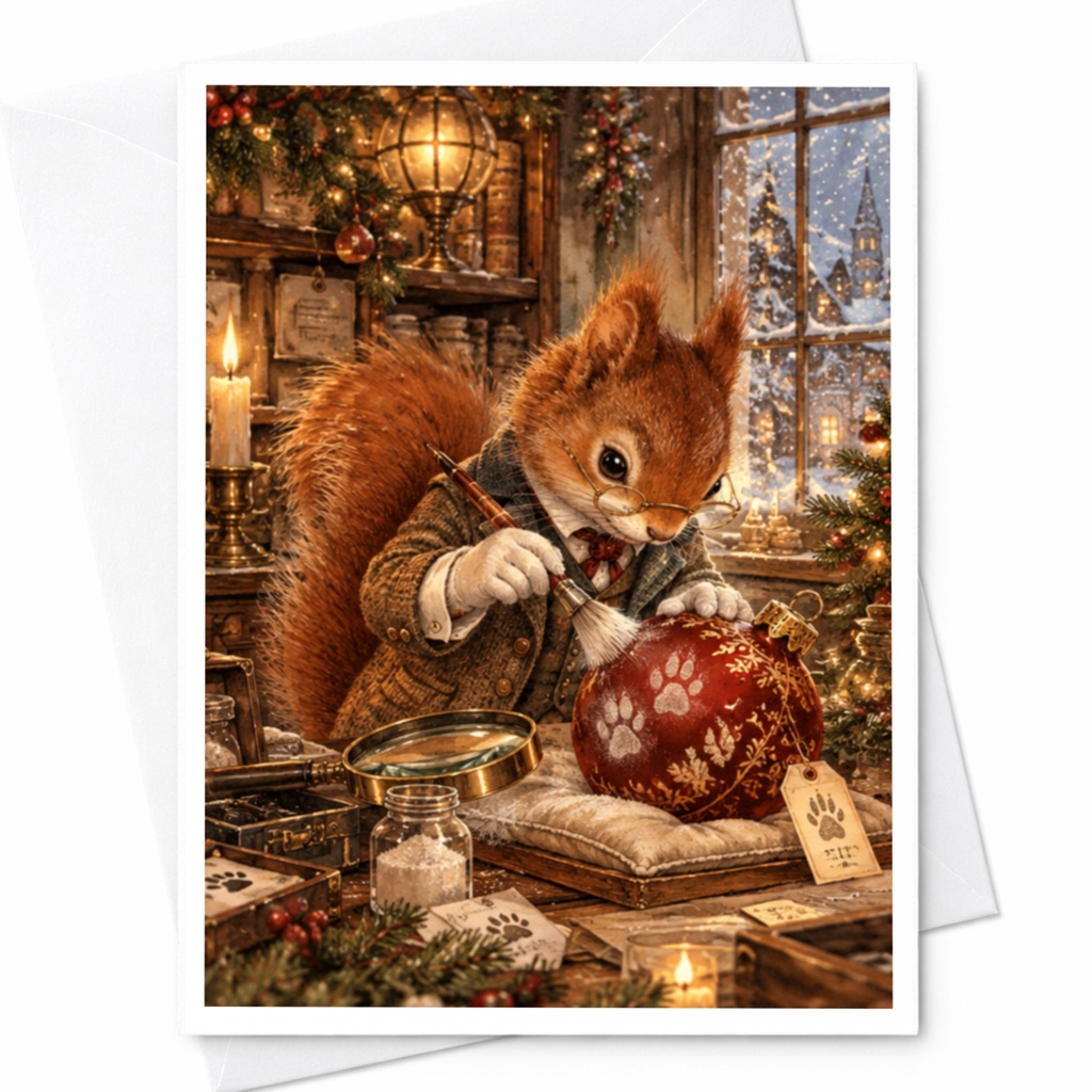 Squirrel Painting Ornament Christmas Card Cute Animal Holiday Greeting Card Woodland Winter Scene For Nature Lover C10493
