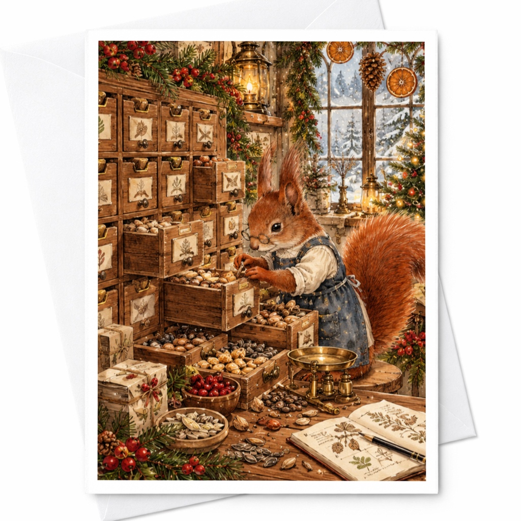 Squirrel In Cozy Winter Setting Christmas Card Woodland Animal Holiday Greeting Card Cute Festive Scene For Nature Lovers C10496