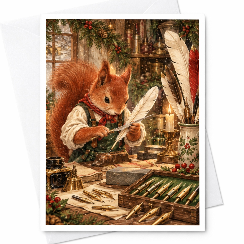 Squirrel Writing With Quill Christmas Card Cute Animal Holiday Greeting Card Woodland Theme For Nature Lover C10498