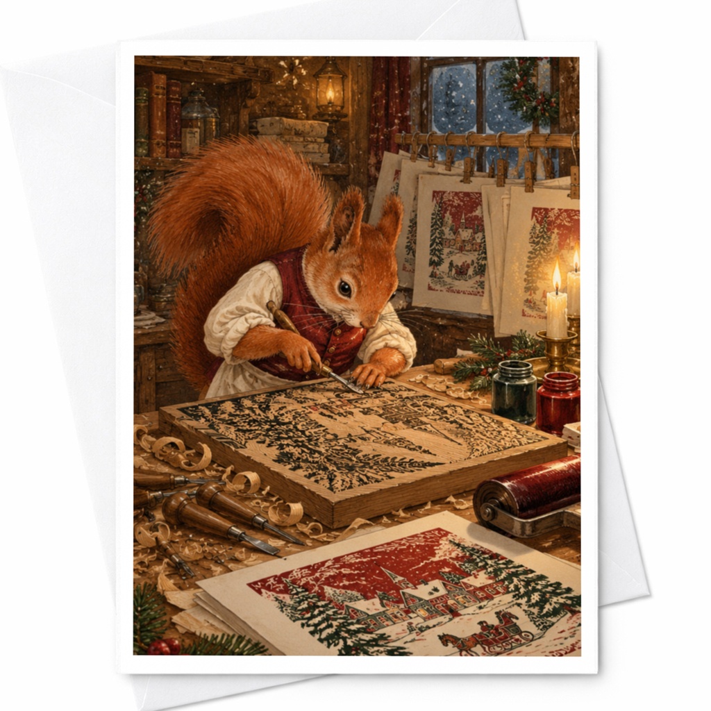 Squirrel Crafting Christmas Card Cozy Woodland Animal Holiday Greeting Card For Nature Lover Cute Winter Scene C10500
