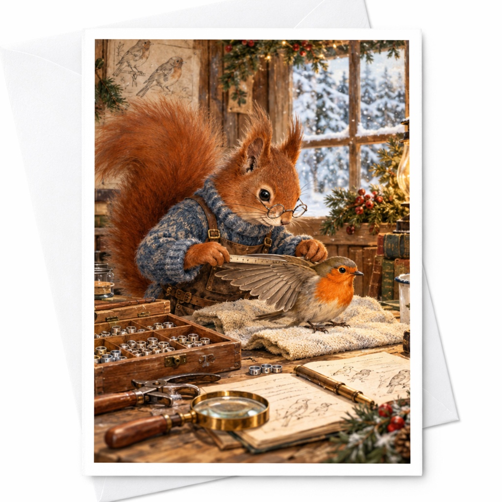 Squirrel And Bird Cozy Greeting Card Woodland Animal Blank Note Card Cute Nature Illustration For Animal Lover Winter Scene C10502