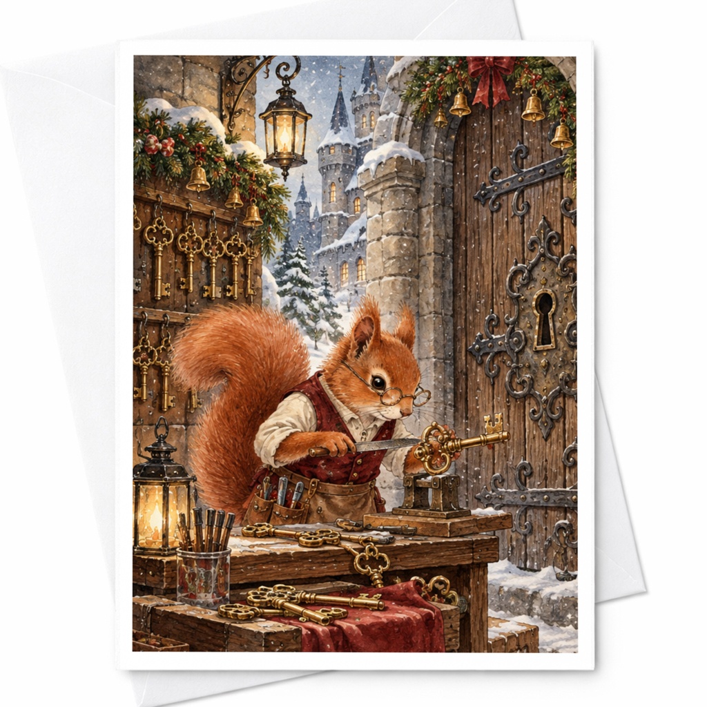 Squirrel Crafting Keys Blank Greeting Card Woodland Animal Art Cute Winter Scene For Nature Lover Whimsical Everyday Card C10503