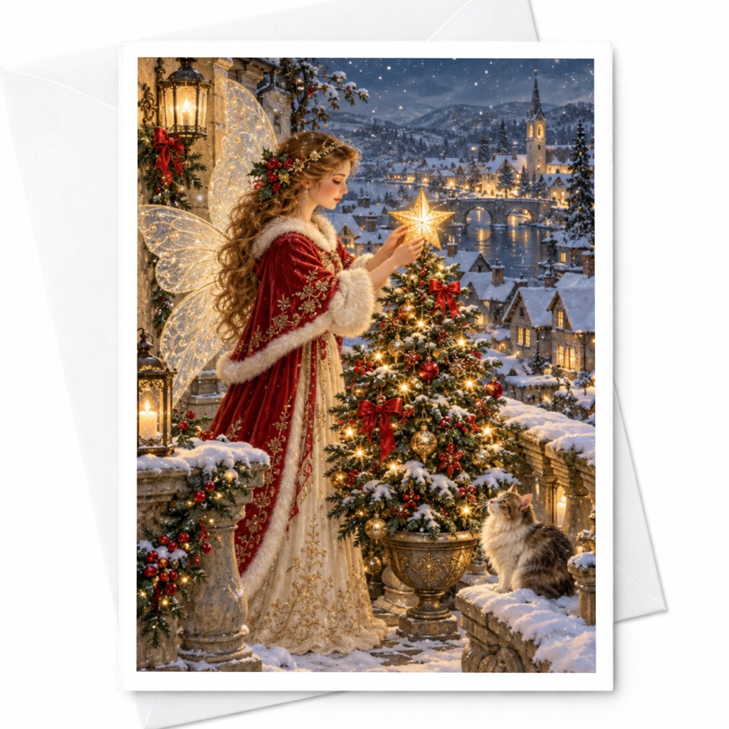 Angel Christmas Card Festive Holiday Greeting Card Winter Scene With Cat For Her Elegant Seasonal Card C10514