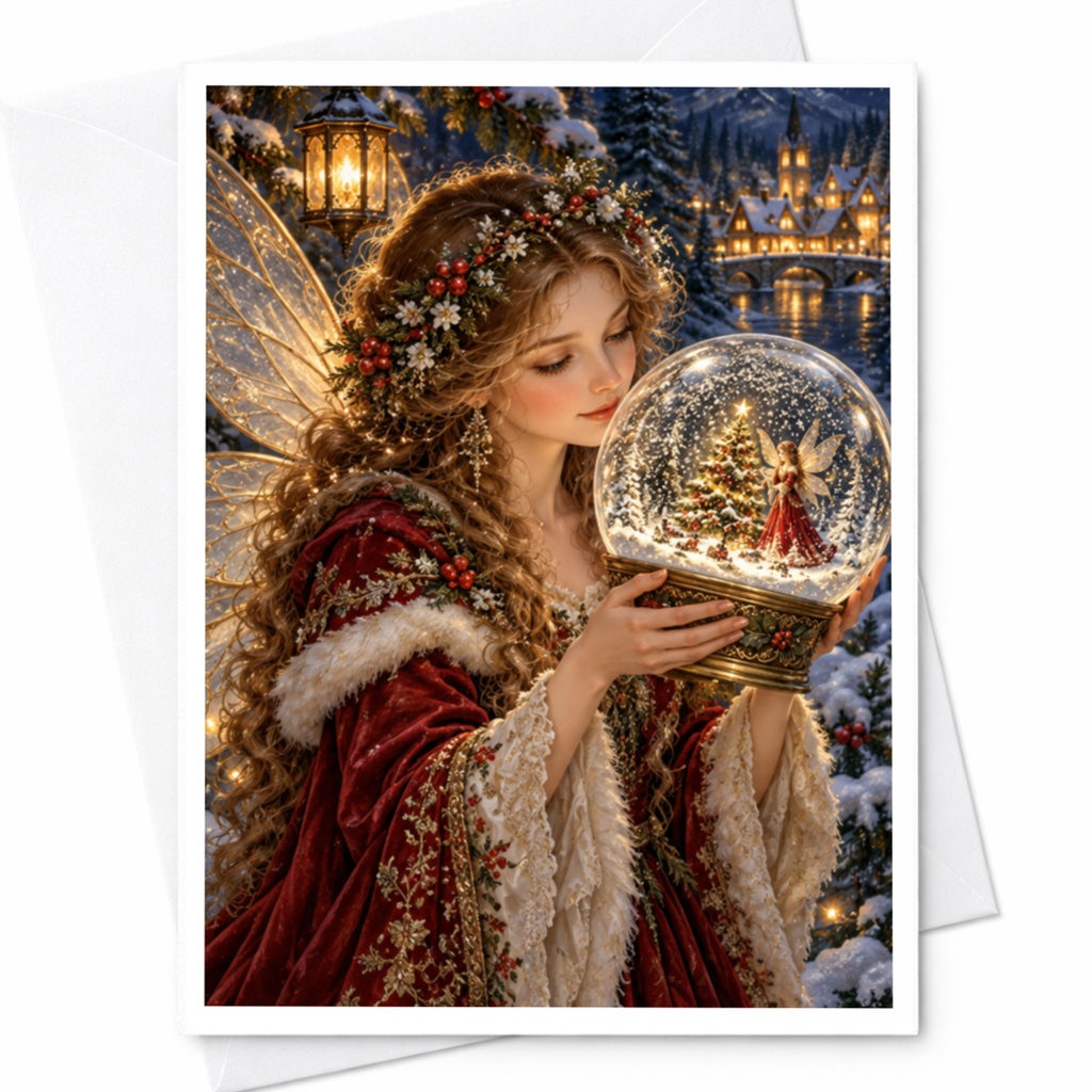 Fairy With Snow Globe Christmas Card Enchanting Holiday Greeting Card For Her Magical Winter Scene Fantasy Art Card C10542