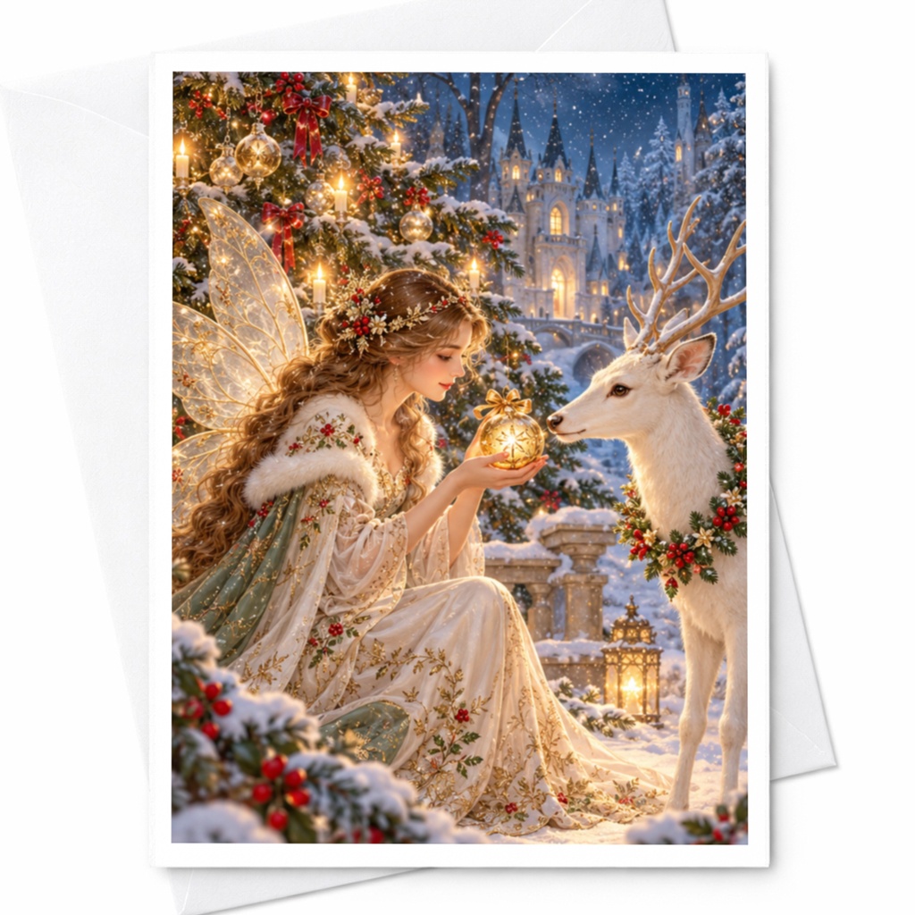Fairy And Deer Christmas Card Enchanting Winter Scene Holiday Greeting Card Magical Fantasy Art For Her C10557