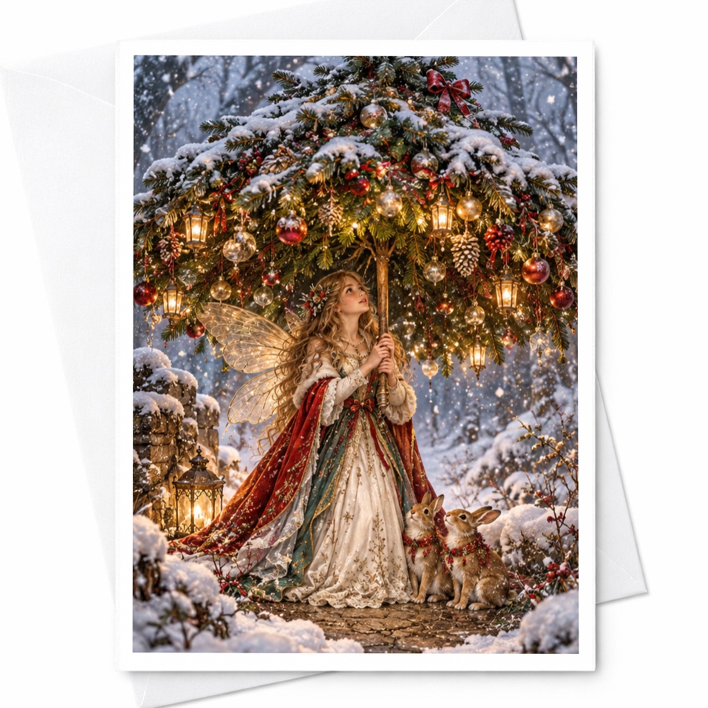 Fairy Under Festive Tree Christmas Card Enchanting Winter Scene Greeting Card For Her Magical Holiday Card With Rabbits C10580