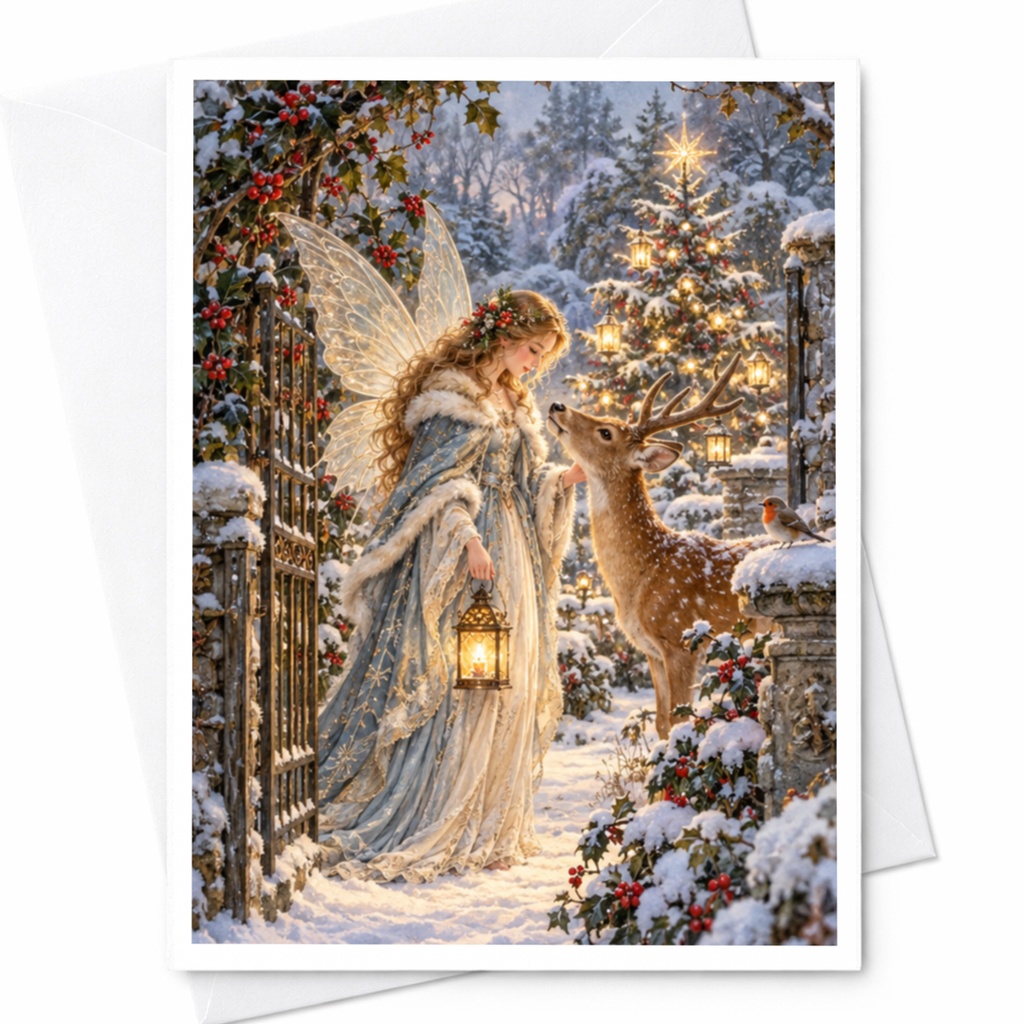 Fairy And Deer Christmas Card Enchanting Winter Scene Holiday Greeting Card Magical Forest Illustration For Her C10593