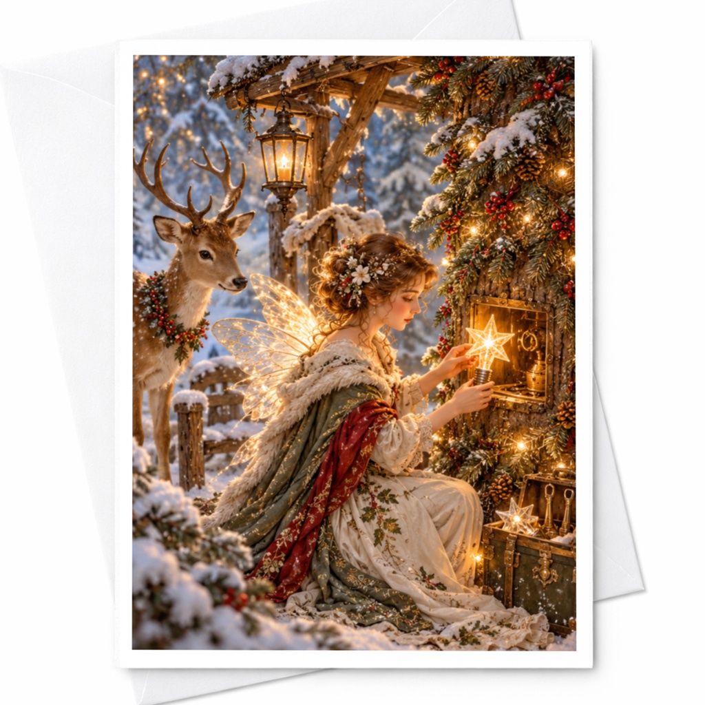 Fairy Winter Scene Christmas Card Enchanting Holiday Greeting Card For Her Magical Deer Snowy Forest Illustration C10585