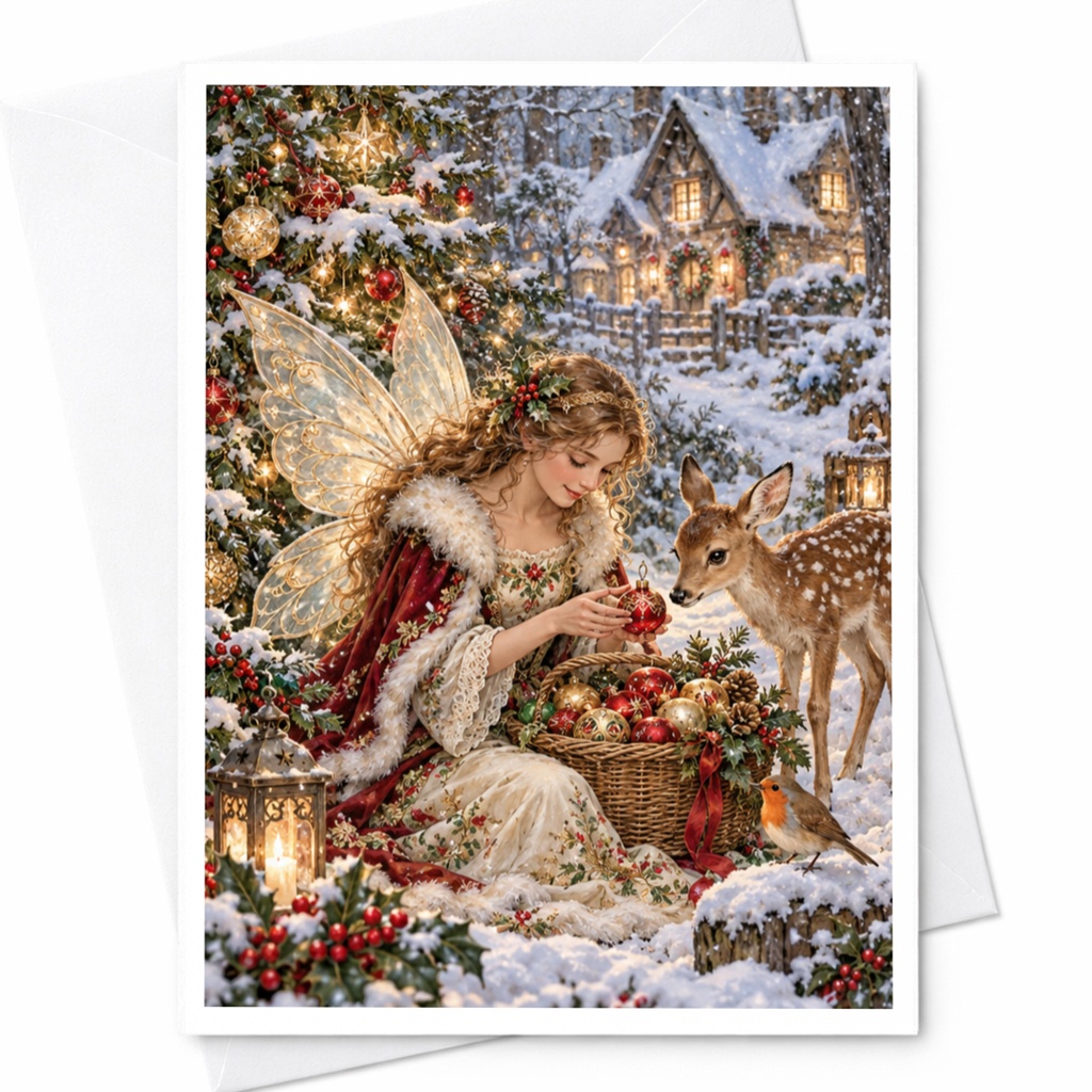 Fairy And Deer Christmas Card Enchanting Winter Scene Holiday Greeting Card For Her Magical Snowy Forest Illustration C10607
